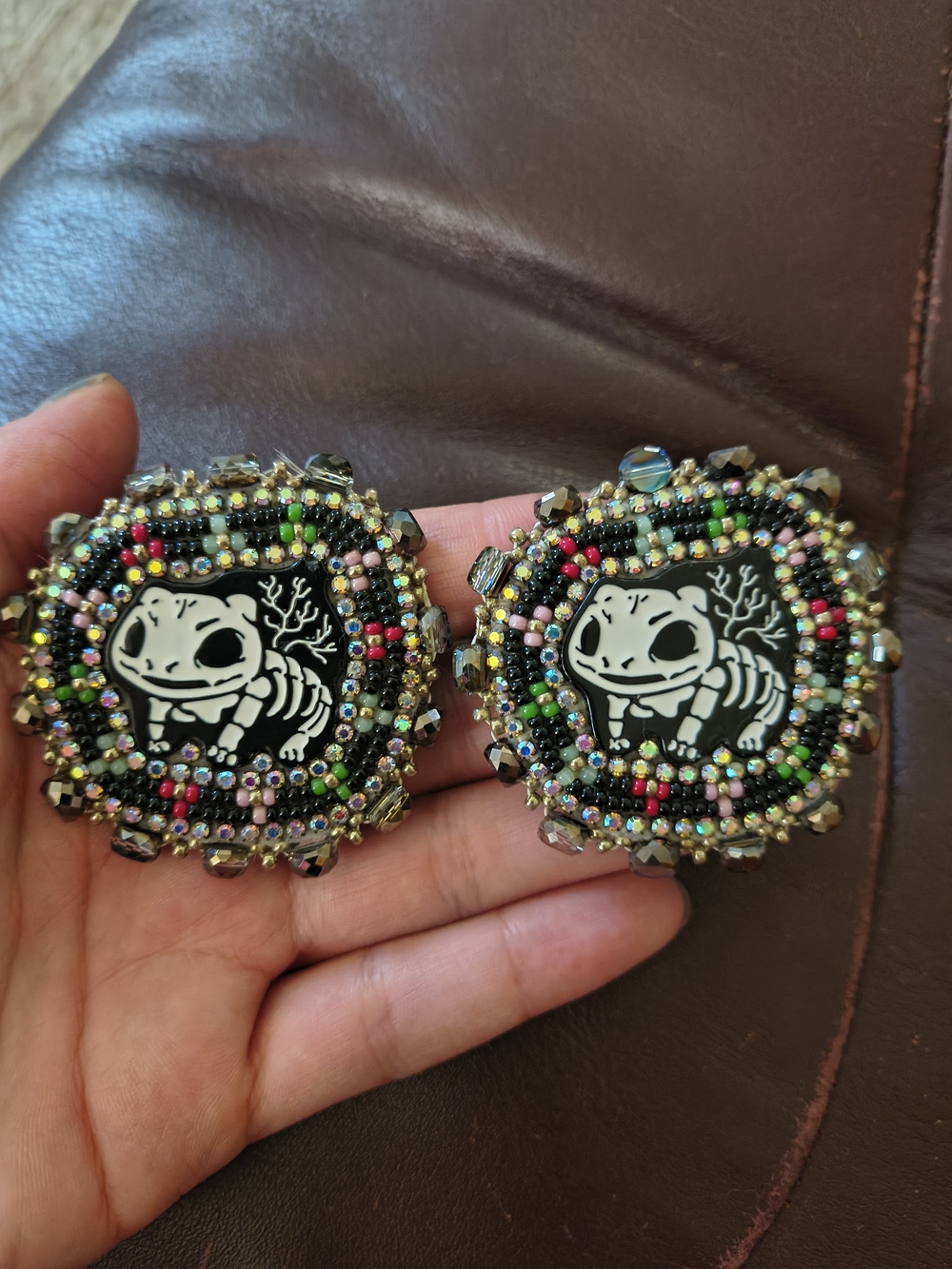Pokemon Beaded Skeletal Bulbasaur Statement Earrings - Multicolor